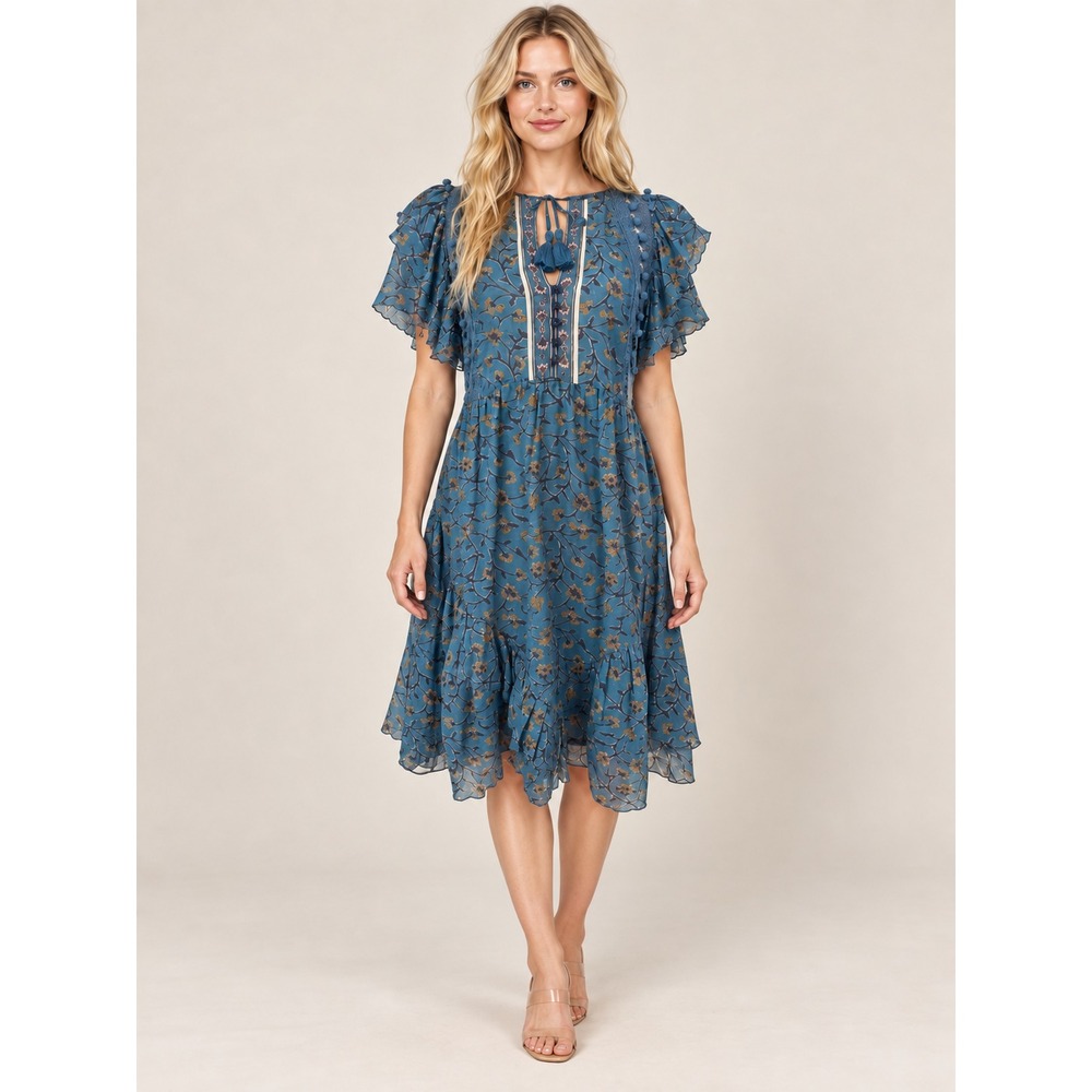 Sea New York Kaylee Steel Blue Floral Flutter Sleeve Ruffle Boho Dress Size 8